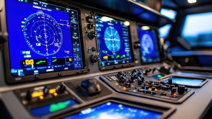 Obraz premium Futuristic Cockpit Dashboard with Advanced Avionics and Digital Controls