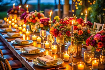 Elegant Banquet Table with Flowers and Candles for a Luxurious Dining Experience