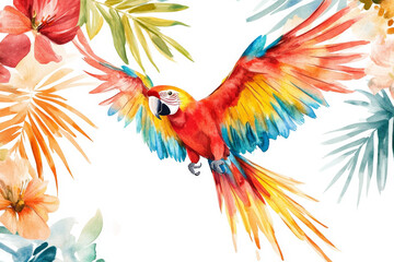 Obraz premium A vibrant watercolor of a parrot in mid-flight, soaring through tropical leaves and flowers. The bird bright red, yellow, and blue feathers are painted in fine detail, isolated on a white