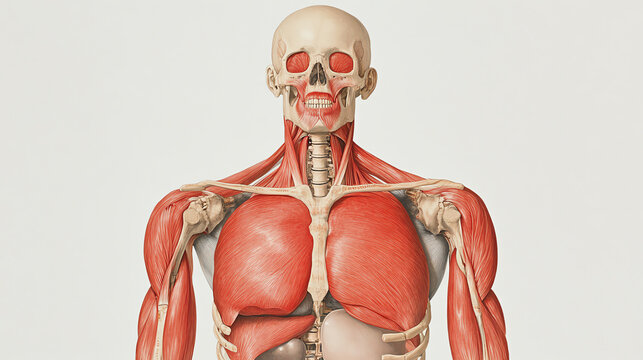 Detailed anatomical illustration of the human body showcasing muscles and skeleton, isolated on a white background for educational purposes.