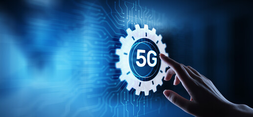 5G Fifth generation of mobile internet. Fast connection. Telecommunication concept on virtual screen.