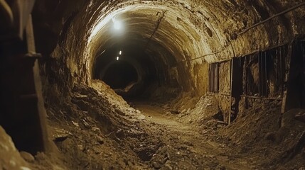Naklejka premium Inside the old underground tunnel of a gold mine, the walls show signs of heavy wear from years of excavation.