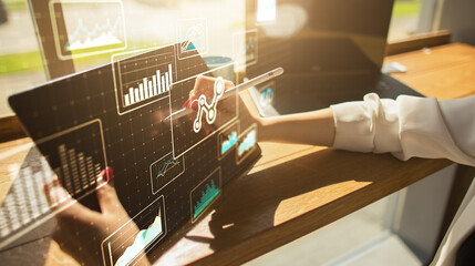 Big data analysis, business intelligence, technology solutions concept on virtual screen.