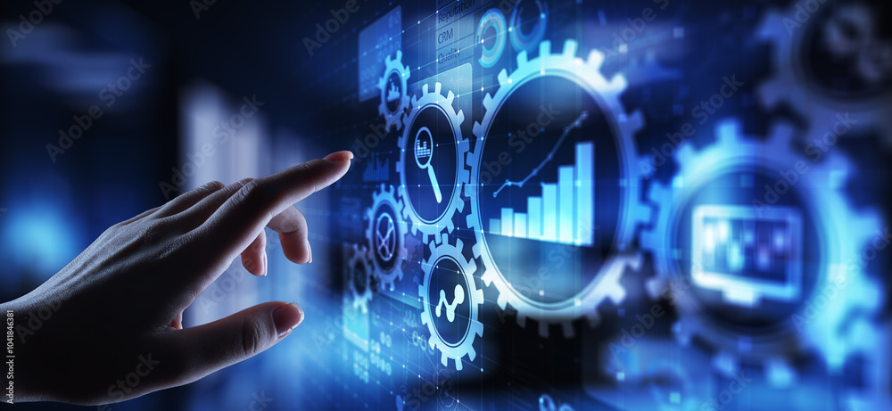 Poster big data analysis, business process analytics diagrams with gears and icons on virtual screen.