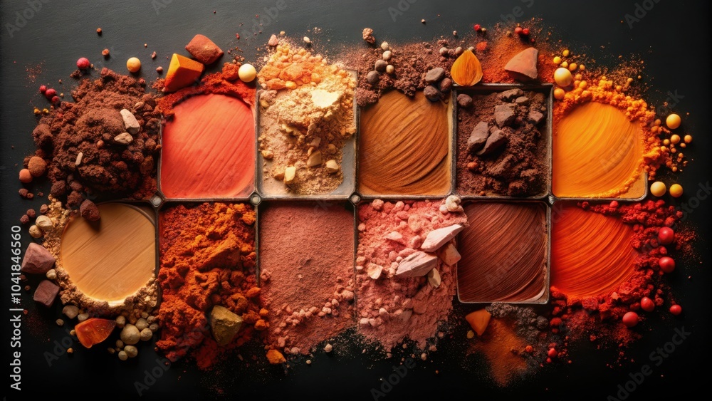 Poster a palette of earthy hues a vibrant display of natural pigments in a grid arrangement on a dark backg