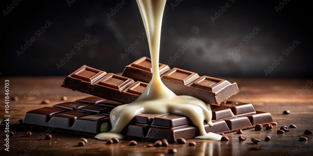 Poster a smooth stream of creamy liquid gracefully cascades over a collection of rich chocolate bars, creat