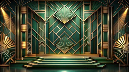 Art deco style stage with green and gold accents and geometric pattern in the background