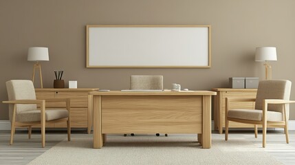Modern office interior featuring a wooden desk, chairs, and neutral decor.