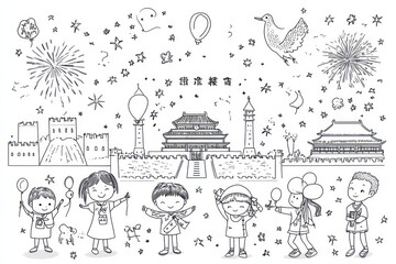 A4-sized outline drawing of a creative poster for elementary students, celebrating China's 75th National Day. The design includes key Chinese national symbols such as the Great Wall, Tiananmen Square