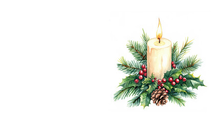 First Advent drawn watercolor illustration of Christmas arrangement with one candle and holly leaves. Isolated on white background.