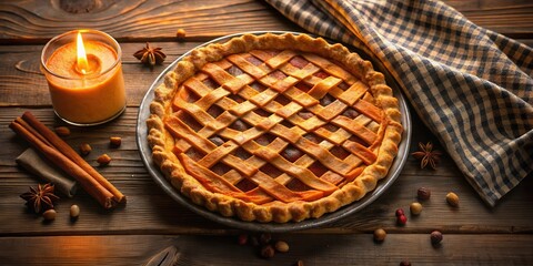 Warm, golden-brown pie with a lattice crust, surrounded by rustic elements like cinnamon sticks, star anise, and a glowing candle, creating a cozy autumnal scene.