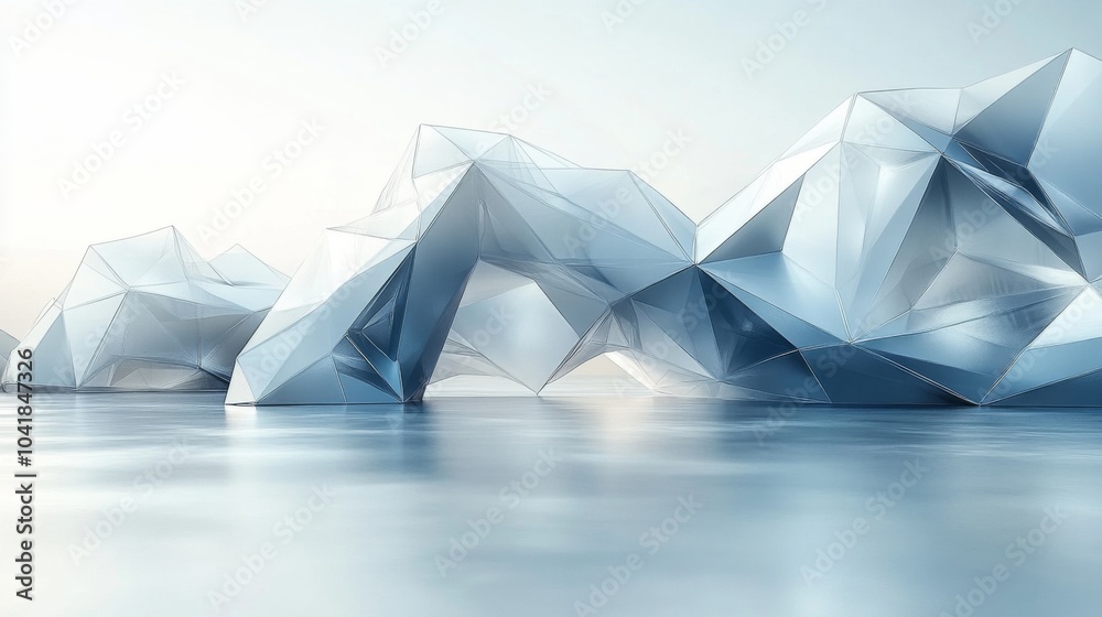 Poster Large, stylized icebergs with sharp geometric shapes drift gently on a smooth, reflective surface, creating a serene atmosphere under soft morning light.