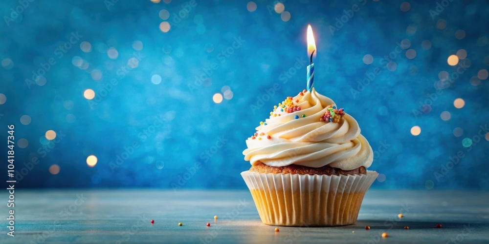 Aufkleber a single cupcake with a lit candle sits on a wooden surface against a blurred blue background with s