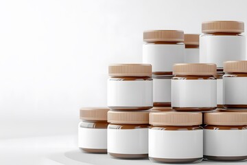 3D rendering of multiple empty jars with white labels and brown caps, stacked on top of each other. The background is white