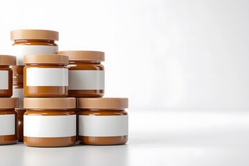 3D rendering of multiple empty jars with white labels and brown caps, stacked on top of each other. The background is white