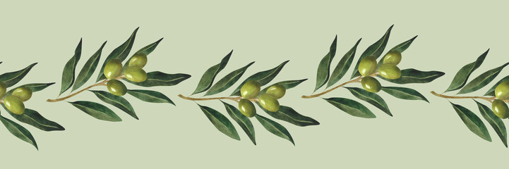 Green olive branch seamless border Watercolor pattern for olive oil wrapping paper Menu decoration textile wallpaper design invitation postcard print Botanical background Italian plant Natural Organic
