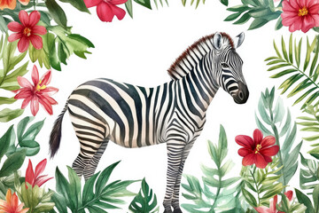 Obraz premium A majestic watercolor illustration of a zebra surrounded by lush tropical leaves, vibrant jungle flowers, and vines. The zebra stands tall, with detailed black and white stripes, isolated on a white
