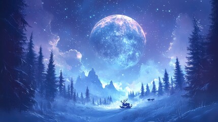 Santa Claus in a sleigh with reindeer flies over the earth in the night starry sky with an amazing big moon with snow. Magic and Happy New Year 2025, concept. with generative ai