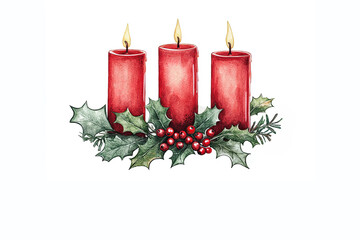 3rd Advent drawn watercolor illustration of Christmas arrangement with candles and holly leaves. Isolated on white background.