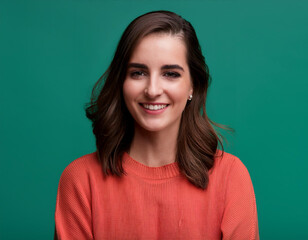 Fototapeta premium Portrait of Beautiful Young Woman Happily Smiling Against Studio Background