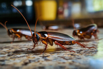 The image shows a cockroach in close-up. It has a shiny brown body with long antennae and spiked paws. The cockroach is standing on a gray surface, and in the background you can see the blurred silhou