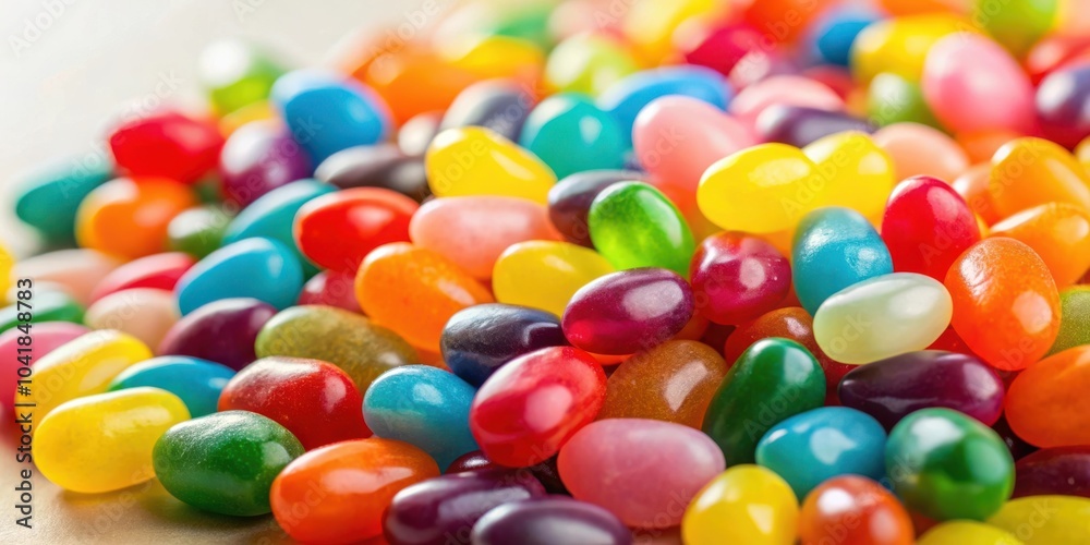 Poster a vibrant array of jelly beans, showcasing a rainbow of colors and textures, capturing the essence o