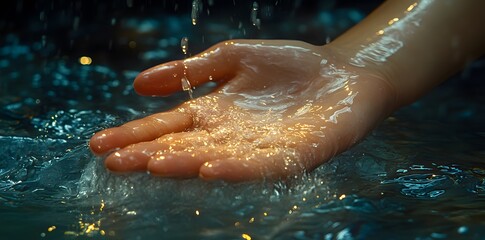 A hand cupping water, capturing droplets in a serene setting.