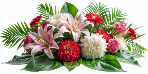 Elegant Floral Arrangement of White Chrysanthemums, Red Carnations, and Pink Lilies with Tropical Monstera Leaves on a