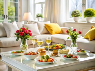 Elegant Food Photography in a Minimalist White Room with Cozy Sofa