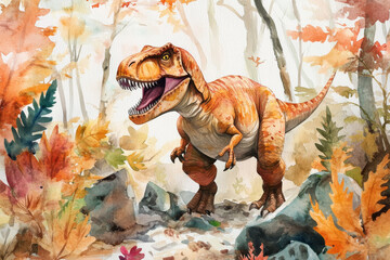 A whimsical watercolor portrayal of a Tyrannosaurus rex in a prehistoric setting, complete with colorful leaves and textured stones. This hand-painted illustration is perfect for educational materials