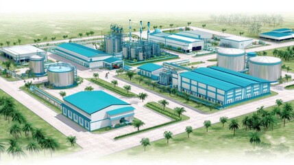 Aerial View of Sustainable Chemical Production Facility in Lush Natural Landscape