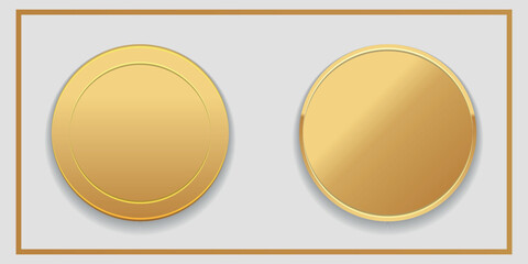 Realistic empty gold coin. Two sides of the coin. Vector on a gray background