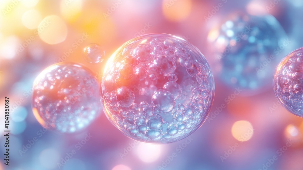 Aufkleber bubbles cluster together and float gracefully in a soft pastel-colored environment filled with warm 