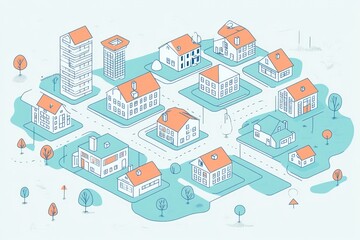 axenometric line drawing of a town. There are houses, some tall buildings, parks, trees. minimalistic style