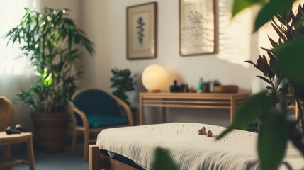 A serene scene of a patient undergoing acupuncture treatment in a peaceful clinic room, with traditional Eastern decor and therapeutic ambiance, Tranquil style