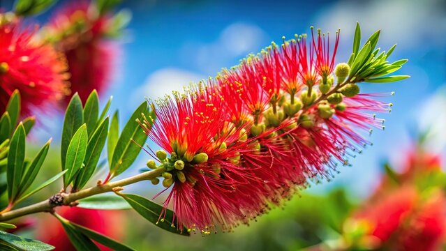 Red tropical background with blooming callistemon viminalis flower