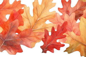 A detailed watercolor illustration of realistic fall oak leaves in warm autumn colors, showcasing shades of orange, red, and yellow. The leaves are intricately painted to capture the beauty of the