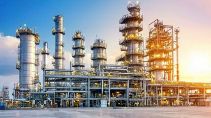 Fototapeta premium Sunset over Illuminated Petrochemical Plant with Refineries and Pipelines