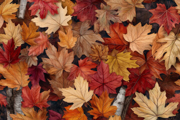A realistic watercolor artwork showcasing an array of autumn oak and birch leaves, hand-painted in warm tones of red, gold, and brown. The detailed textures and colors bring the beauty of fall to life