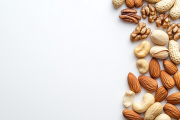 Obraz premium a variety of nutrition and healthy nuts. Pistachios, Almonds, Walnuts, Hazelnuts, Cashews, isolated on a white background 