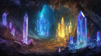 Naklejka premium Radiant gems illuminate the walls of a deep underground mine, filling the cavern with glowing light.