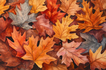 Fototapeta premium A stunning hand-painted watercolor illustration featuring a collection of fall oak and birch leaves in warm autumn colors. The intricate details and vibrant hues capture the essence of the season,