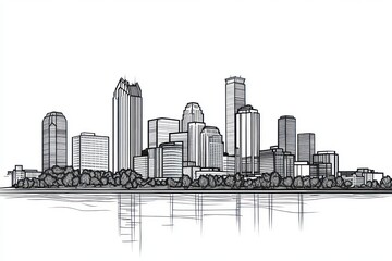 black and white line drawing of minneapolis skyline, simple, vector