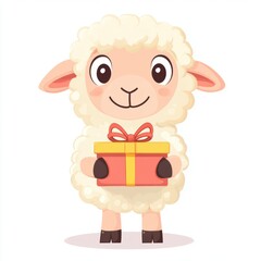 Fototapeta premium Cute sheep holding a gift box isolated over white background.