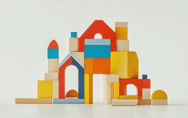 Fototapeta premium A playful scene featuring toy blocks in the shape of houses, with a vibrant, partially constructed wooden block home set against a white background