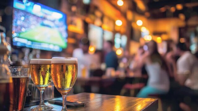 A bustling bar filled with patrons as people enjoy drinks while watching a sports game on screen