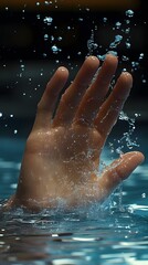 Fototapeta premium A hand emerges from water, creating splashes and droplets.