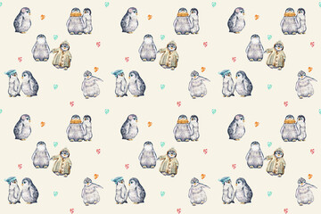 seamless watercolor pattern. cute penguins are playing on crisis. little penguins for the holidays.   Christmas. animals on Christmas
