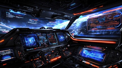 Futuristic Sci Fi Spaceship Cockpit with Advanced Digital Displays and Controls