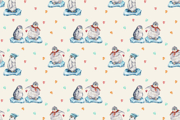 seamless watercolor pattern. cute penguins are playing on crisis. little penguins for the holidays.   Christmas. animals on Christmas